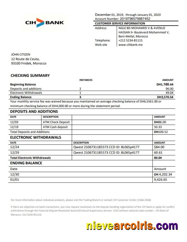 Morocco CIH bank proof of address statement in Word and PDF format